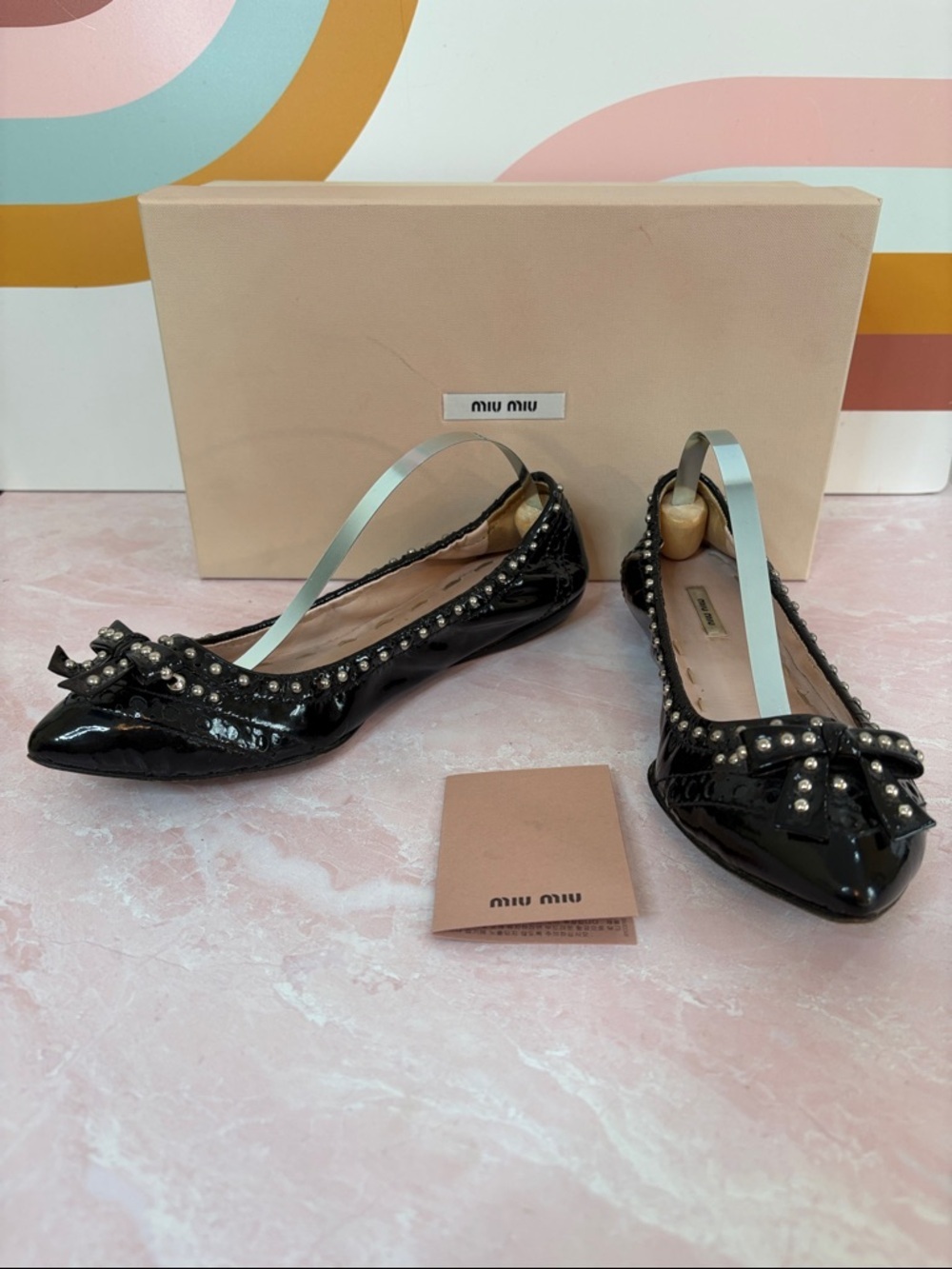 Miu Miu Calzature Vernice Black Patent Studded Bow Pointed Ballet Flats 37/ us7 - Picture 4 of 7